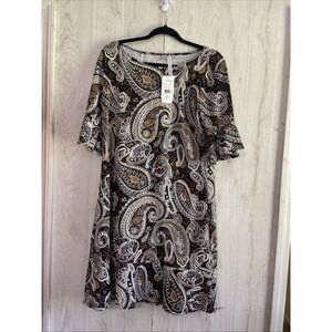 NY Collection ~ BLACK & TAN Paisley Print DRESS New With Tag Size 1xl